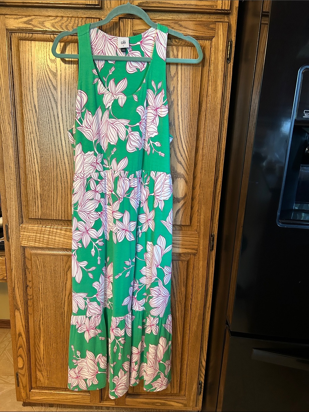 CAbi Green Dress with Pink & White Floral Pattern